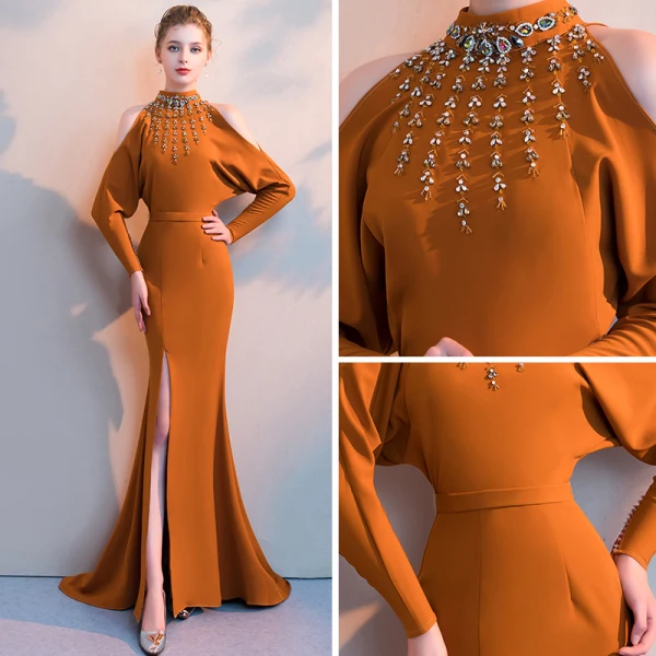 Luxe Tan Robe De Soirée 2019 Trompette / Sirène Col Haut Manches Longues Perlage Ceinture Fendue devant Tribunal Train Volants Dos Nu Robe De Ceremonie