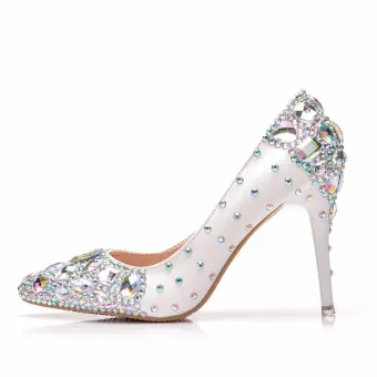 Scintillantes Blanche Multi Couleurs Faux Diamant Chaussure De Mariée 2023 9 Cm Talons Aiguilles À Bout Pointu Mariage Escarpins Talons Hauts