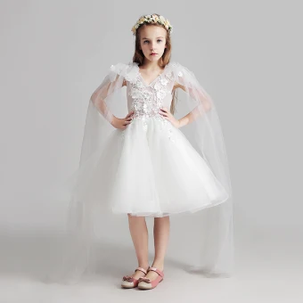 Chic Belle Blanche Robe Ceremonie Fille 2017 Robe Boule V Cou Sans Manches Appliques En Dentelle Fleur Paillettes Cristal Perle Mi Longues Robe Pour Mariage