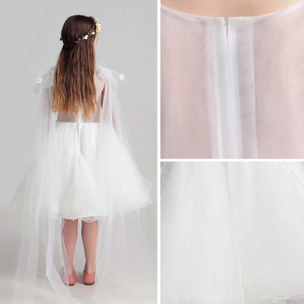 Chic / Beautiful White Flower Girl Dresses 2017 Ball Gown V-Neck Sleeveless Appliques Lace Flower Sequins Crystal Pearl Knee-Length Wedding Party Dresses