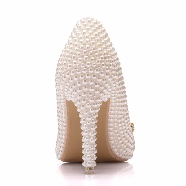 Elegante Abrikoos / Beige Rhinestone Parel Vlinder Bruidsschoenen 2025 9 cm Naaldhakken / Stiletto Spitse Neus Huwelijk Pumps Hoge Hakken