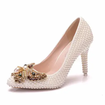 Élégant Beige Faux Diamant Perle Papillon Chaussure De Mariée 2025 9 Cm Talons Aiguilles À Bout Pointu Mariage Escarpins Talons Hauts