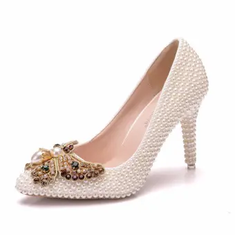 Elegante Beige Strass Perle Schmetterling Brautschuhe 2025 9 Cm Stilettos Spitzschuh Hochzeit Pumps Hochhackige