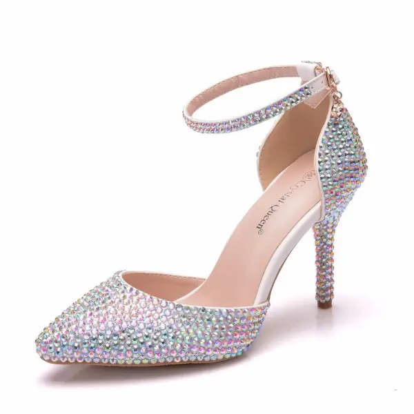Chic / Belle Multi-Couleurs Faux Diamant Chaussure De Mariée 2022 7 cm Talons Aiguilles Bride Cheville À Bout Pointu Mariage Talons Hauts