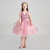 Chic / Beautiful Candy Pink Flower Girl Dresses 2017 Ball Gown V-Neck Sleeveless Appliques Flower Pearl Sash Knee-Length Cascading Ruffles Wedding Party Dresses