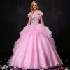 Chic / Beautiful Prom Dresses 2017 Lace Appliques Rhinestone Pearl Bow Sash Backless High Neck Short Sleeve Floor-Length / Long Candy Pink Prom Ball Gown
