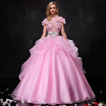 Chic Belle Robe De Bal 2017 En Dentelle Appliques Faux Diamant Perle Noeud Ceinture Dos Nu Col Haut Manches Courtes Longue Rose Bonbon Promo Robe Boule