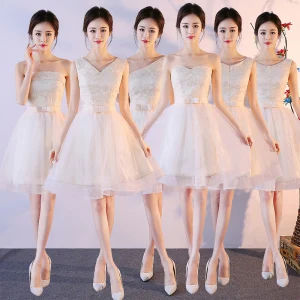 Affordable Champagne Bridesmaid Dresses 2018 A Line Princess Sleeveless Bow Sash Short Ruffle Backless Wedding Party Dresses