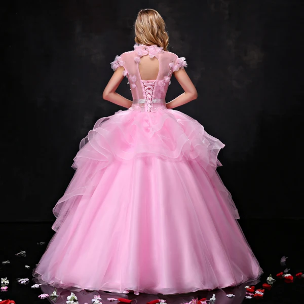 Chic / Beautiful Prom Dresses 2017 Lace Appliques Rhinestone Pearl Bow Sash Backless High Neck Short Sleeve Floor-Length / Long Candy Pink Prom Ball Gown