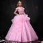 Chic / Beautiful Prom Dresses 2017 Lace Appliques Rhinestone Pearl Bow Sash Backless High Neck Short Sleeve Floor-Length / Long Candy Pink Prom Ball Gown