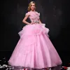 Chic / Beautiful Prom Dresses 2017 Lace Appliques Rhinestone Pearl Bow Sash Backless High Neck Short Sleeve Floor-Length / Long Candy Pink Prom Ball Gown
