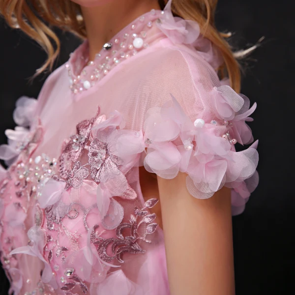 Chic / Beautiful Prom Dresses 2017 Lace Appliques Rhinestone Pearl Bow Sash Backless High Neck Short Sleeve Floor-Length / Long Candy Pink Prom Ball Gown