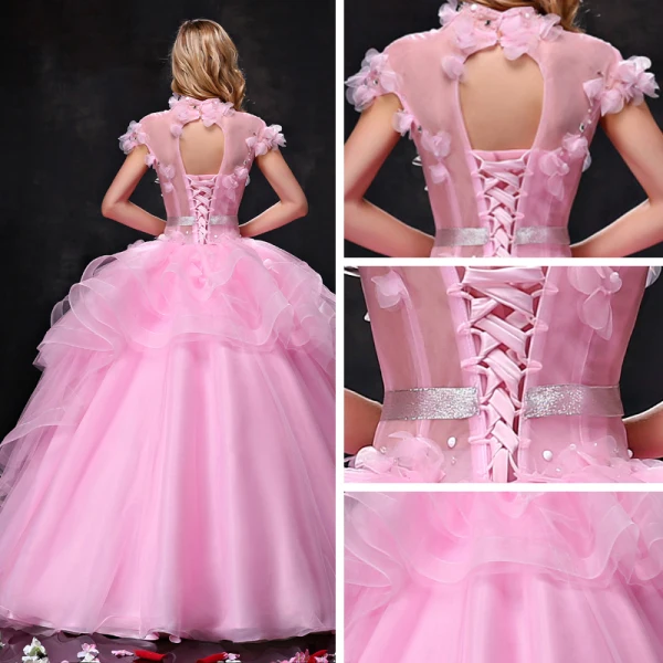 Chic / Beautiful Prom Dresses 2017 Lace Appliques Rhinestone Pearl Bow Sash Backless High Neck Short Sleeve Floor-Length / Long Candy Pink Prom Ball Gown