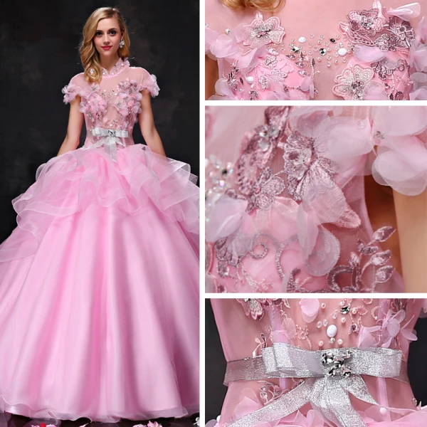 Chic / Beautiful Prom Dresses 2017 Lace Appliques Rhinestone Pearl Bow Sash Backless High Neck Short Sleeve Floor-Length / Long Candy Pink Prom Ball Gown