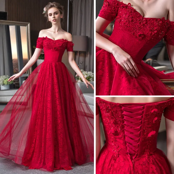 Élégant Bordeaux Dentelle Robe De Soirée 2018 Princesse De l'épaule Manches Courtes Perlage Appliques En Dentelle Glitter Longue Volants Dos Nu Robe De Ceremonie