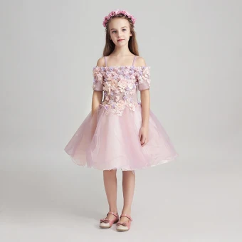 Chic Belle Lavande Robe Ceremonie Fille 2017 Robe Boule De L Épaule Manches Courtes Appliques Fleur En Dentelle Perle Mi Longues Volants Robe Pour Mariage