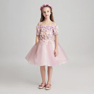 Chic Belle Lavande Robe Ceremonie Fille 2017 Robe Boule De L Épaule Manches Courtes Appliques Fleur En Dentelle Perle Mi Longues Volants Robe Pour Mariage