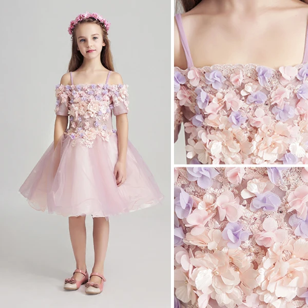 Chic / Beautiful Lavender Flower Girl Dresses 2017 Ball Gown Off-The-Shoulder Short Sleeve Appliques Flower Lace Pearl Knee-Length Ruffle Wedding Party Dresses