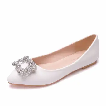 Mooie Prachtige Witte Rhinestone Gala Platte Damesschoenen 2022 Spitse Neus Damesschoenen Hakken