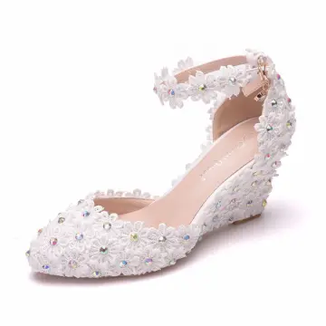 Élégant Blanche Faux Diamant En Dentelle Fleur Chaussure De Mariée 2024 Bride Cheville 7 Cm Compensées À Bout Pointu Mariage Talons Hauts