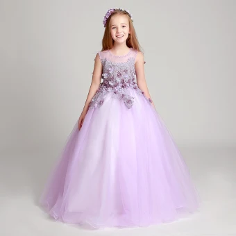 Chic Belle Lilas Robe Ceremonie Fille 2017 Robe Boule Perle Encolure Dégagée Sans Manches En Dentelle Appliques Fleur Longue Volants Robe Pour Mariage