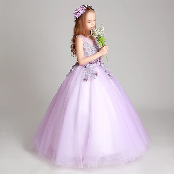 Chic / Beautiful Lilac Flower Girl Dresses 2017 Ball Gown Pearl Scoop Neck Sleeveless Lace Appliques Flower Floor-Length / Long Ruffle Wedding Party Dresses