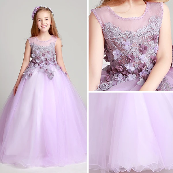 Chic / Beautiful Lilac Flower Girl Dresses 2017 Ball Gown Pearl Scoop Neck Sleeveless Lace Appliques Flower Floor-Length / Long Ruffle Wedding Party Dresses