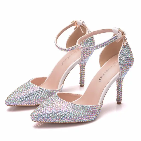 Chic / Belle Multi-Couleurs Faux Diamant Chaussure De Mariée 2022 7 cm Talons Aiguilles Bride Cheville À Bout Pointu Mariage Talons Hauts