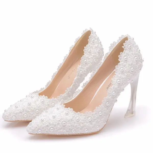 Elegant White Pearl Lace Flower Wedding Shoes 2022 9 cm Stiletto Heels Pointed Toe Wedding Pumps High Heels