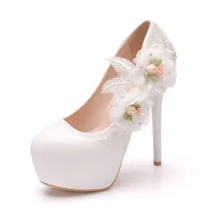 Unika Vita Appliqués Brudskor 2024 14 Cm Stilettklackar Pande Zote Toe Bröllop Högklackade