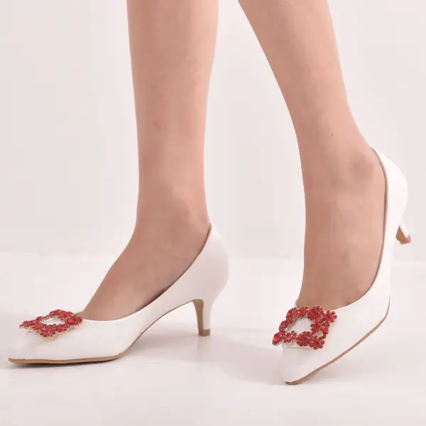 Minimalistische Witte Rhinestone Bruidsschoenen 2025 5 cm Naaldhakken / Stiletto Spitse Neus Huwelijk Pumps Hoge Hakken