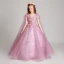 Chic / Beautiful Blushing Pink Flower Girl Dresses 2017 Ball Gown V-Neck Short Sleeve Lace Appliques Flower Pearl Sequins Floor-Length / Long Ruffle Wedding Party Dresses