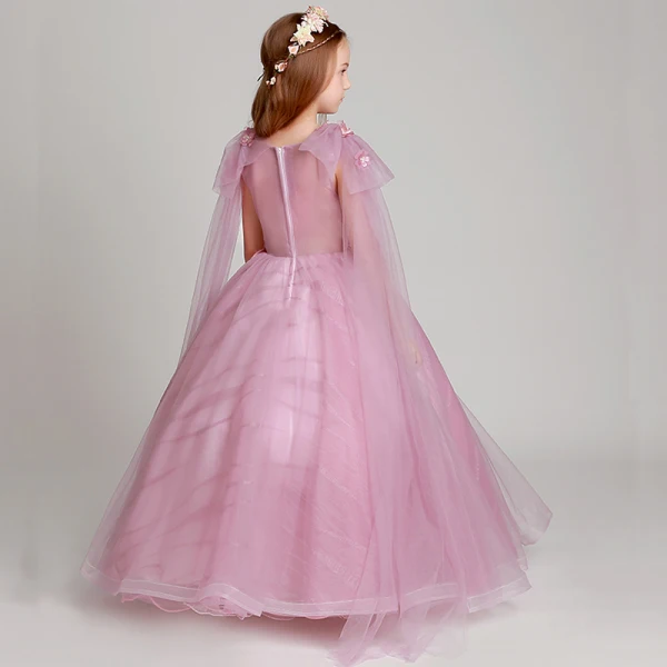Chic / Beautiful Blushing Pink Flower Girl Dresses 2017 Ball Gown V-Neck Short Sleeve Lace Appliques Flower Pearl Sequins Floor-Length / Long Ruffle Wedding Party Dresses