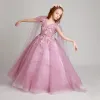 Chic / Beautiful Blushing Pink Flower Girl Dresses 2017 Ball Gown V-Neck Short Sleeve Lace Appliques Flower Pearl Sequins Floor-Length / Long Ruffle Wedding Party Dresses