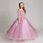 Chic / Beautiful Blushing Pink Flower Girl Dresses 2017 Ball Gown V-Neck Short Sleeve Lace Appliques Flower Pearl Sequins Floor-Length / Long Ruffle Wedding Party Dresses