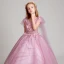 Chic / Beautiful Blushing Pink Flower Girl Dresses 2017 Ball Gown V-Neck Short Sleeve Lace Appliques Flower Pearl Sequins Floor-Length / Long Ruffle Wedding Party Dresses