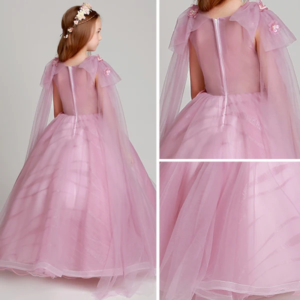 Chic / Beautiful Blushing Pink Flower Girl Dresses 2017 Ball Gown V-Neck Short Sleeve Lace Appliques Flower Pearl Sequins Floor-Length / Long Ruffle Wedding Party Dresses