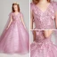 Chic / Beautiful Blushing Pink Flower Girl Dresses 2017 Ball Gown V-Neck Short Sleeve Lace Appliques Flower Pearl Sequins Floor-Length / Long Ruffle Wedding Party Dresses
