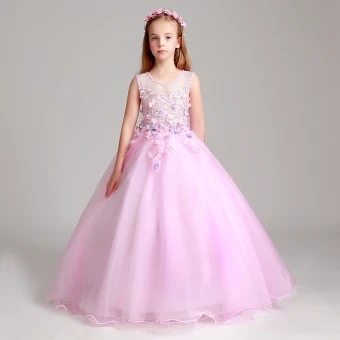 Chic Belle Rougissant Rose Robe Ceremonie Fille 2017 Robe Boule Perle Encolure Dégagée Sans Manches En Dentelle Appliques Fleur Longue Volants Robe Pour Mariage