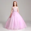 Chic / Beautiful Blushing Pink Flower Girl Dresses 2017 Ball Gown Pearl Scoop Neck Sleeveless Lace Appliques Flower Floor-Length / Long Ruffle Wedding Party Dresses