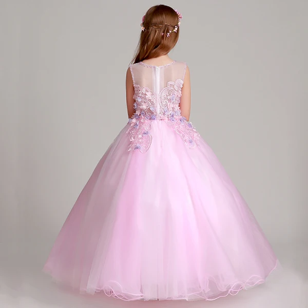 Chic / Beautiful Blushing Pink Flower Girl Dresses 2017 Ball Gown Pearl Scoop Neck Sleeveless Lace Appliques Flower Floor-Length / Long Ruffle Wedding Party Dresses