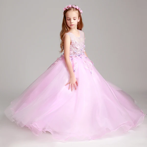 Chic / Beautiful Blushing Pink Flower Girl Dresses 2017 Ball Gown Pearl Scoop Neck Sleeveless Lace Appliques Flower Floor-Length / Long Ruffle Wedding Party Dresses
