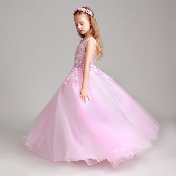 Chic / Beautiful Blushing Pink Flower Girl Dresses 2017 Ball Gown Pearl Scoop Neck Sleeveless Lace Appliques Flower Floor-Length / Long Ruffle Wedding Party Dresses