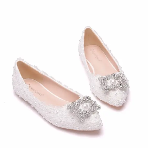 Elegant White Pearl Rhinestone Lace Flower Flat Wedding Shoes 2024 Pointed Toe Wedding Shoes