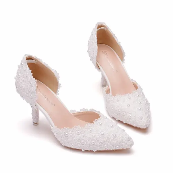 Élégant Blanche Perle En Dentelle Fleur Chaussure De Mariée 2024 7 cm Talons Aiguilles À Bout Pointu Mariage Talons Hauts