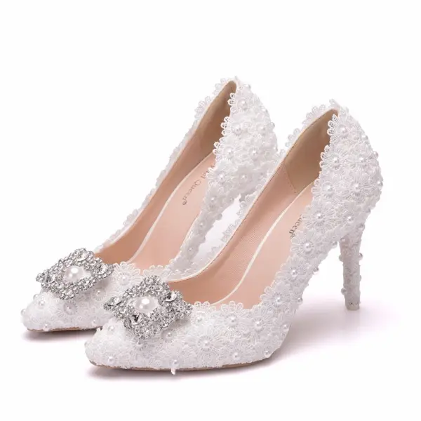 Elegante Witte Parel Rhinestone Kant Bloem Spitse Neus Bruidsschoenen 2024 9 cm Naaldhakken / Stiletto Huwelijk Pumps Hoge Hakken
