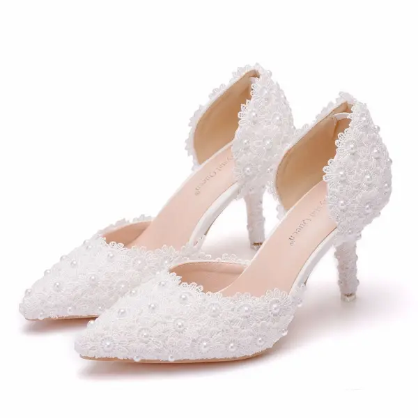 Élégant Blanche Perle En Dentelle Fleur Chaussure De Mariée 2024 7 cm Talons Aiguilles À Bout Pointu Mariage Talons Hauts
