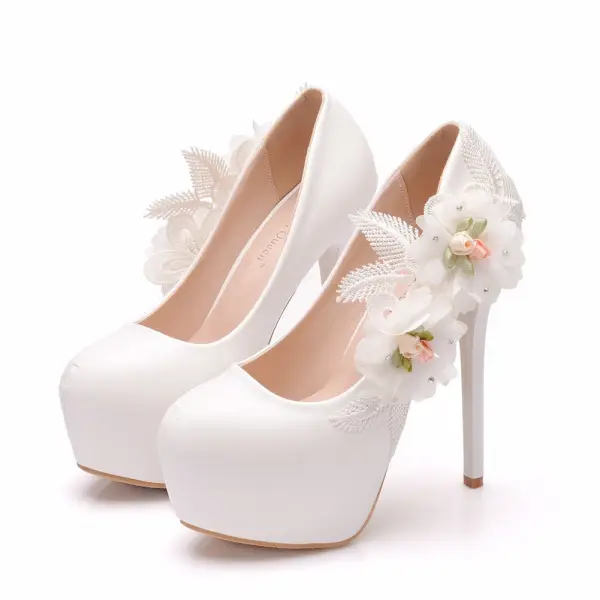 Amazing / Unique White Appliques Wedding Shoes 2024 14 cm Stiletto Heels Round Toe Wedding High Heels