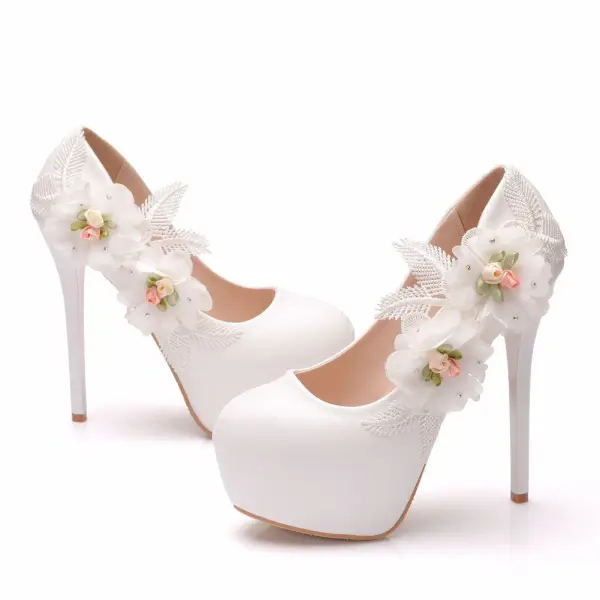 Amazing / Unique White Appliques Wedding Shoes 2024 14 cm Stiletto Heels Round Toe Wedding High Heels
