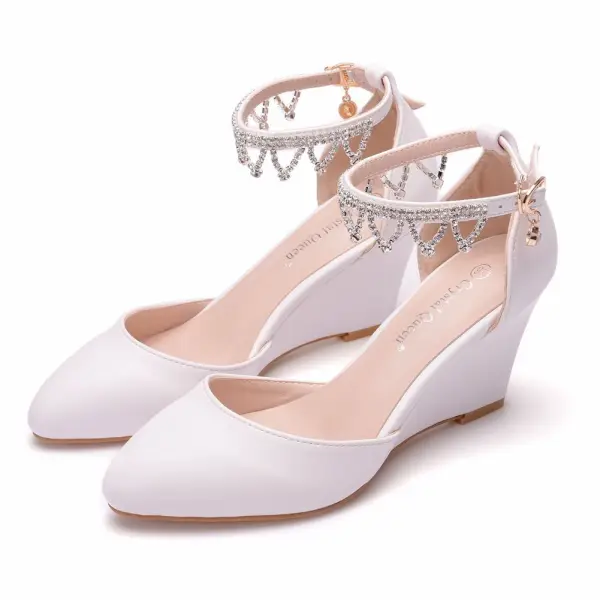 Simple Blanche Faux Diamant À Bout Pointu Chaussure De Mariée 2024 Bride Cheville 7 cm Compensées Mariage Talons Hauts